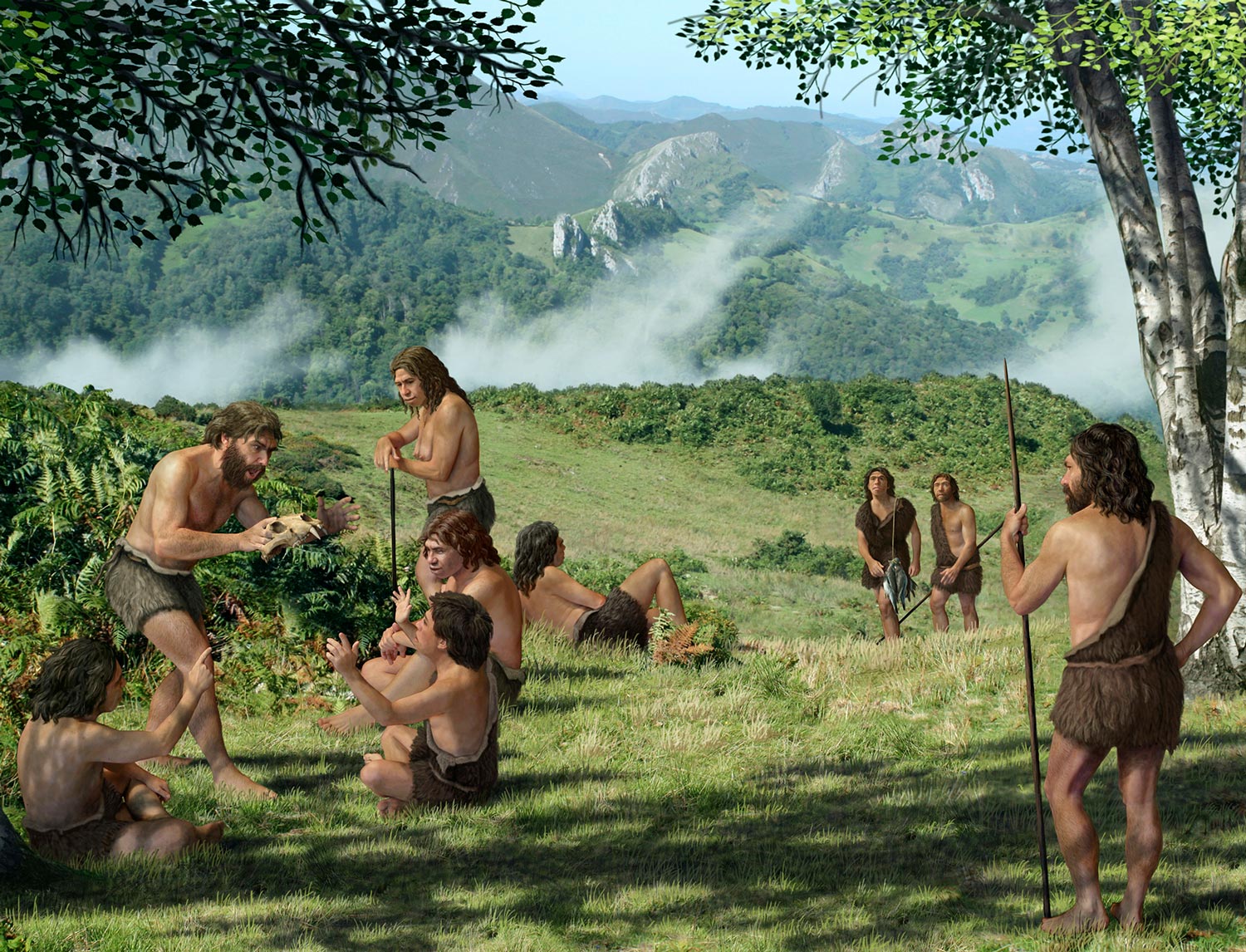 Ilustracija prikazuje pleme neandertalaca u prirodnom okolišu šume i proplanka. Jedan od njih djeci priča priču koristeći lubanju životinje. Dvojica se vraćaju iz ribolova s ulovom, a ostali promatraju.