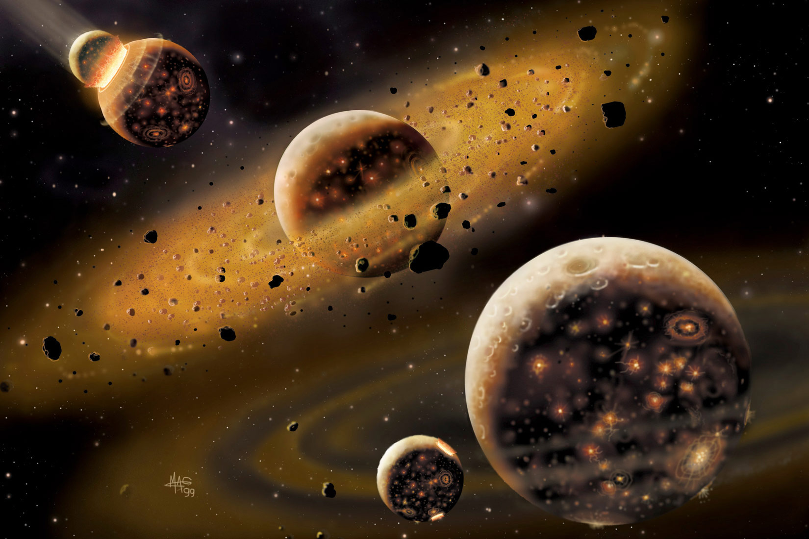 Prikazana je računalna ilustracija sudara Zemlje i manjeg planet. Na ilustraciji se nalazi pet planeta prikazanih kao užarena masa kamenja. Na lijevoj strani ilustracije je Zemlja u koju se sudara planet.