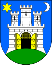 U plavome polju na zelenome brijegu nalazi se srebrni/bijeli grad s trima kulama i otvorenim zlatnim/žutim vratima; gore desno zlatna/žuta šesterokraka zvijezda, gore lijevo srebrni/bijeli polumjesec."