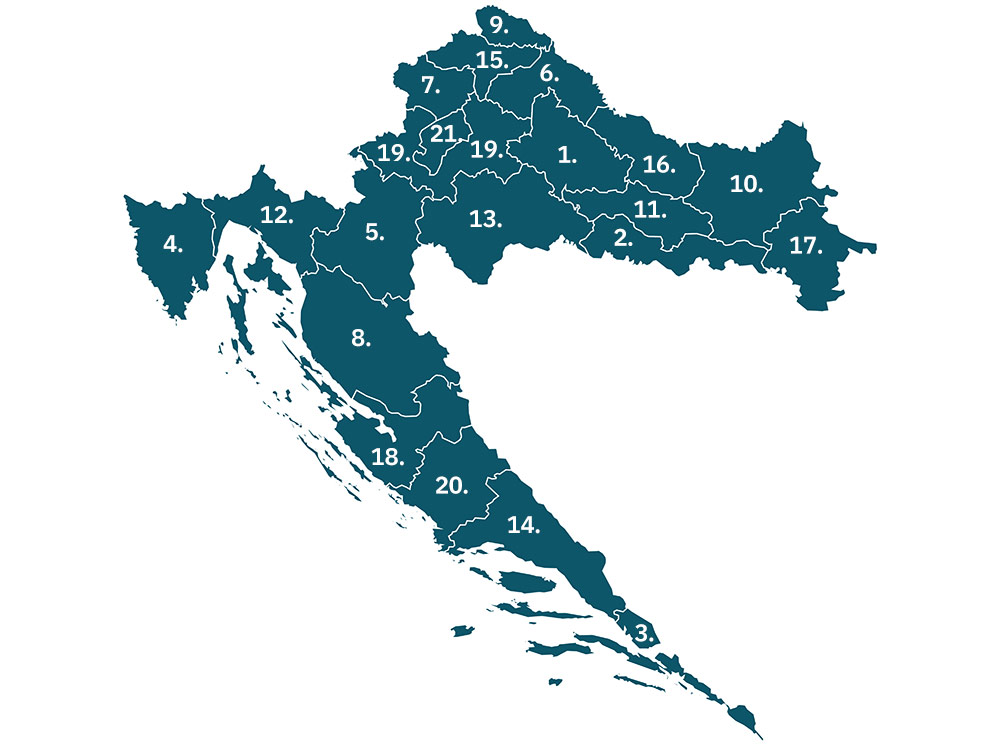 Karta Hrvatske na kojoj su županjije označene brojevima
