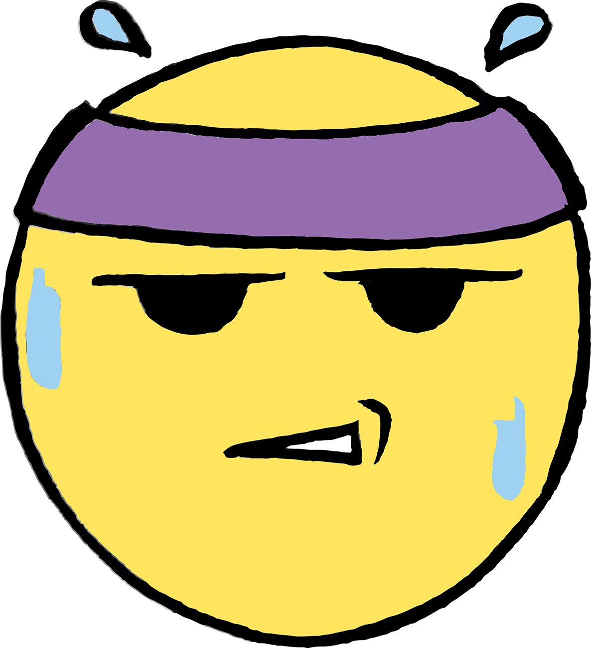 Žuti emoticon koji preko čela ima ljubičastu sportsku traku, a niz lice mu se slijevaju kapi znoja. 