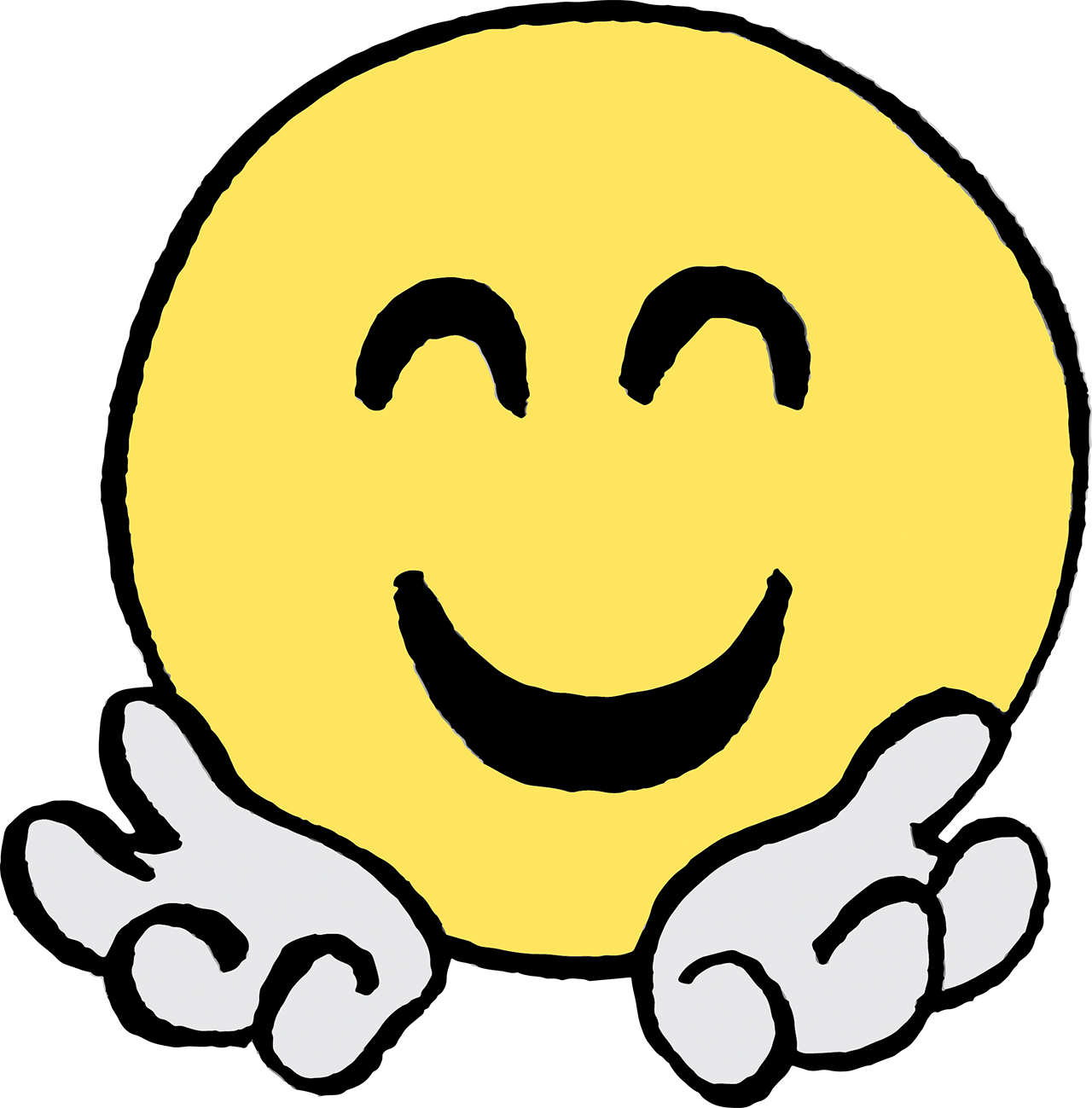 Nasmiješeni žuti emoticon koji radosno pruža dlanove. 