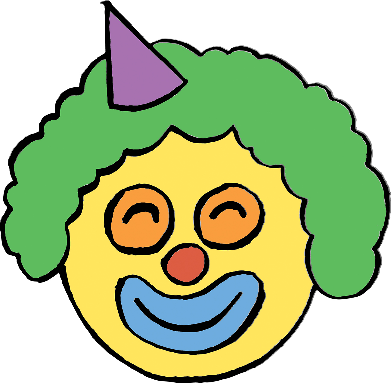 Nasmiješeni žuti emoticon koji predstavlja klauna s ocrtanim licem, zelenom perikom i malom ljubičastom kapicom. 