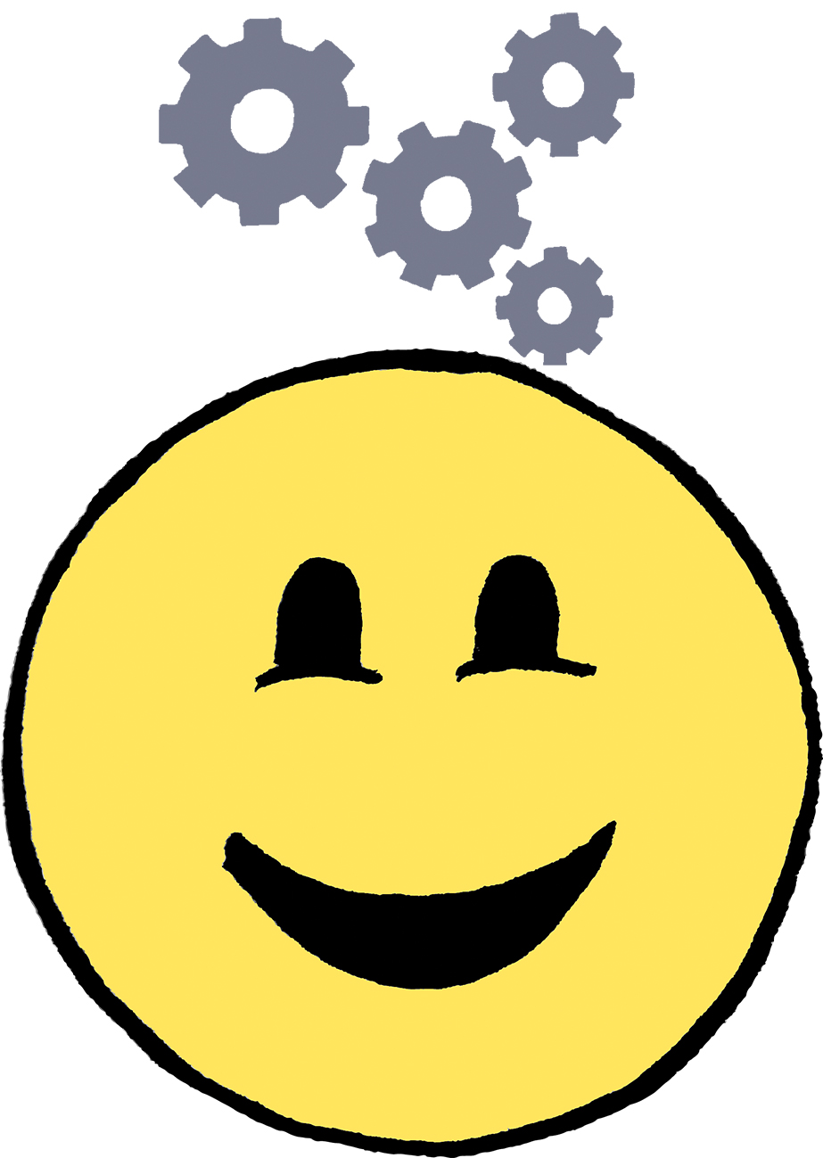 Nasmiješeni žuti emoticon kojem su iznad galve nacrtana četiri zupčanika. 
