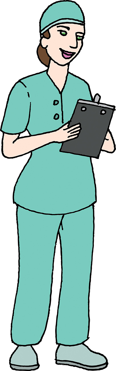 Žena u zelenoj medicinskoj odjeći i sa zelenom kapom na glavi koja u ruci drži blok. 