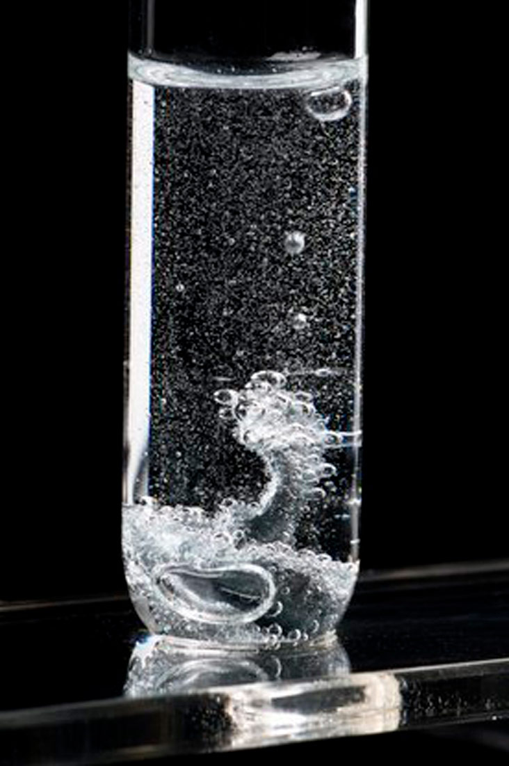 Fotografija prikazuje epruvetu u kojoj se nalazi prozirna tekućina, klorovodična kiselina. Na dnu se nalazi pločica cinka, na stjenkama pločice vide se mjehurići, pojava potvrđuje reakciju klorovodične kiseline i cinka.