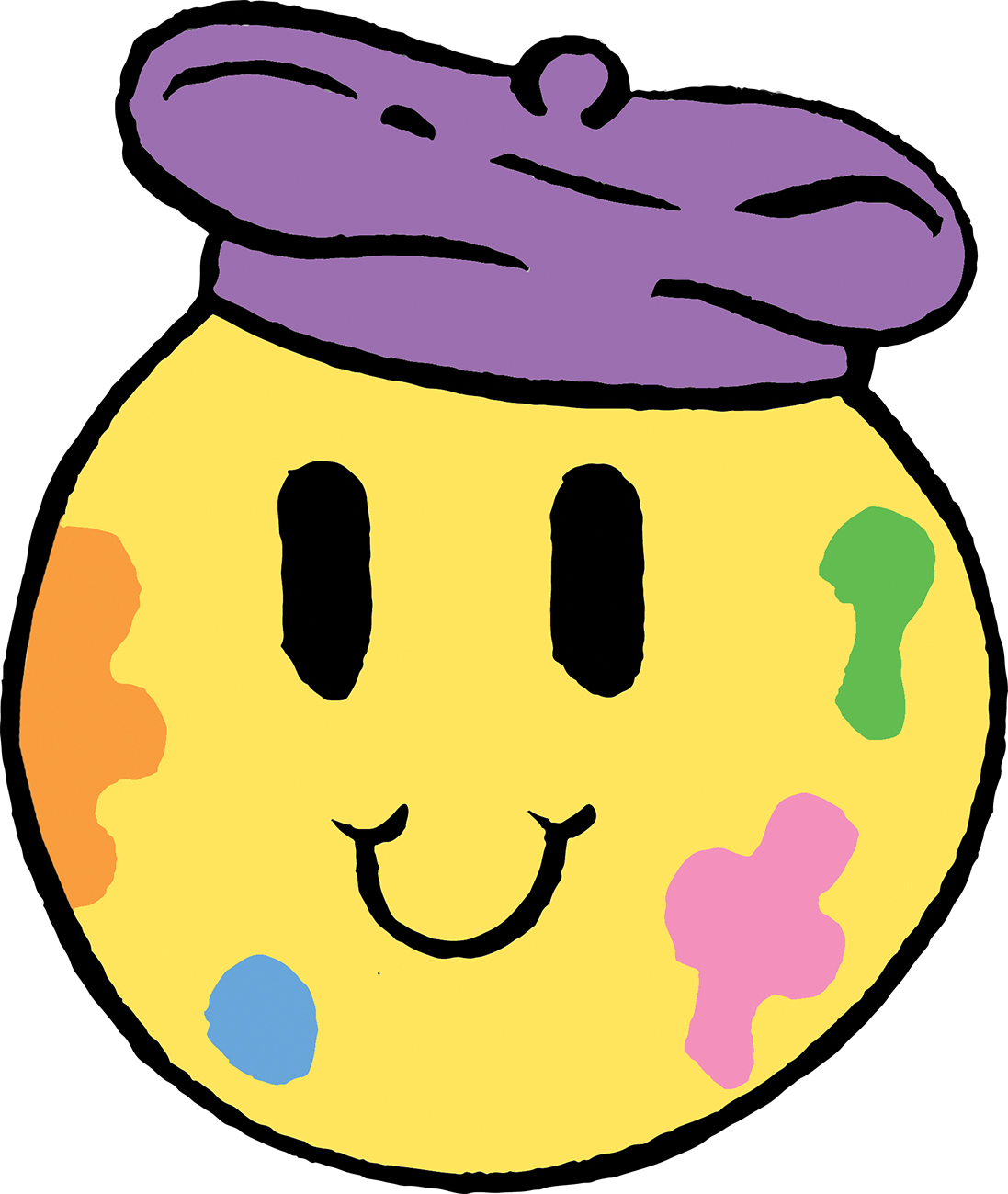 Žuti emoticon koji na glavi ima ljubičastu beretku, a lice mu je zamrljano raznim bojama. 