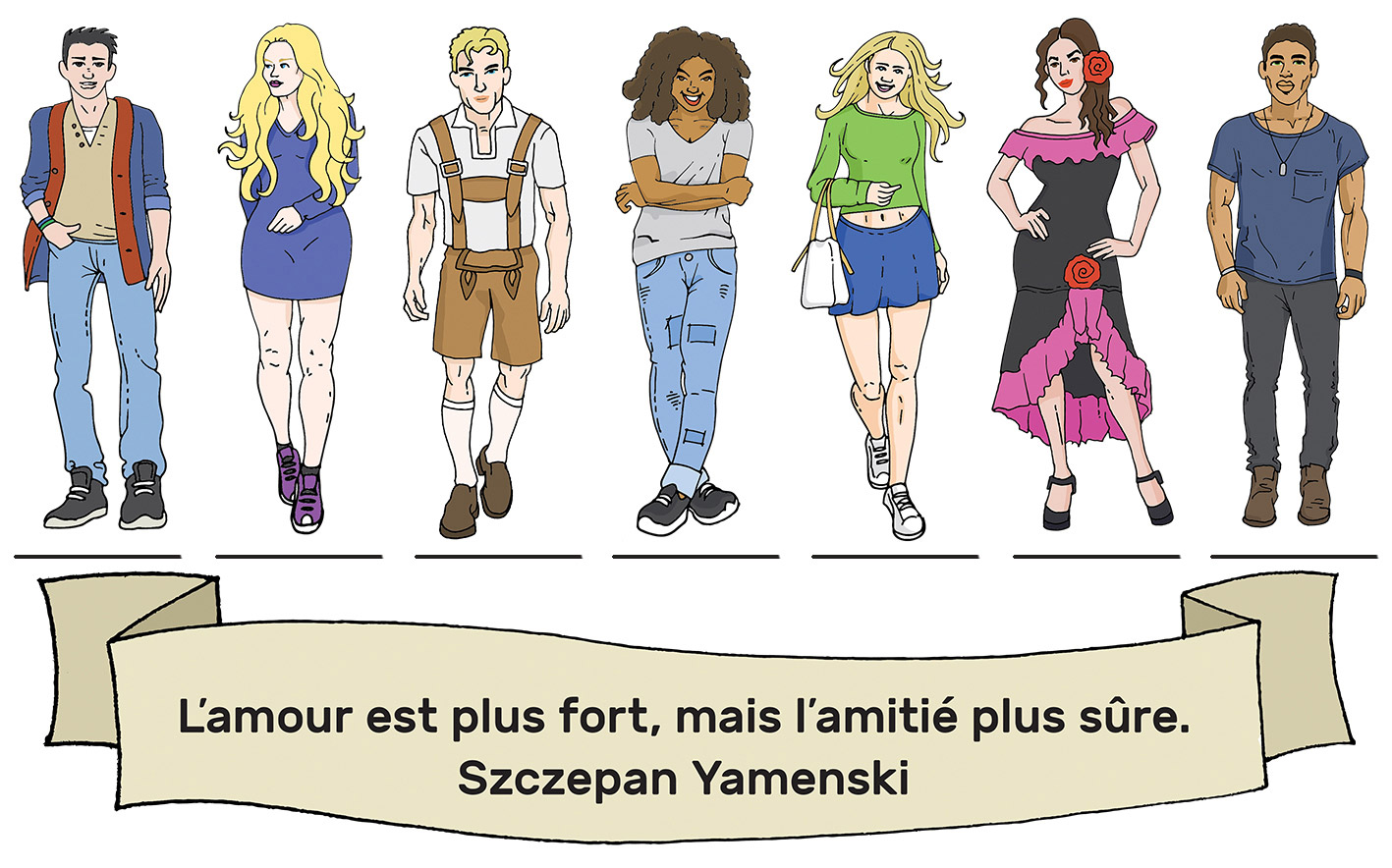 Mladi ljudi različitih nacionalnosti koje smo upoznali u ranijim jedinicama stoje jedno pored drugog, a ispod njih je u stiliziranoj traci izreka Szczepana Yamenskog koja glasi: 