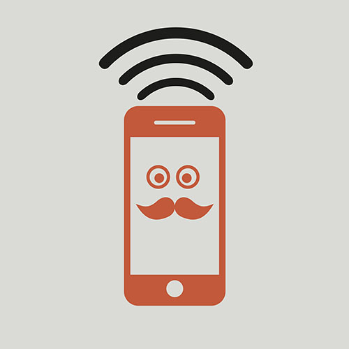 Ilustracija mobitela koji odašilje signal. na ekranu mobitela nacrtane su oči i brkovi tako da on izgleda kao živo biče.