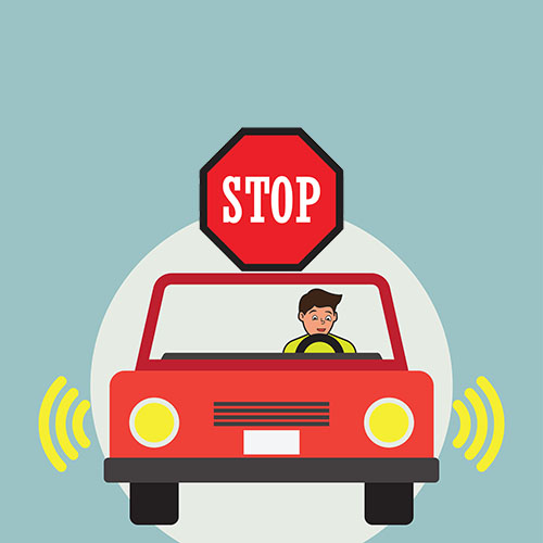 Ilustracija čovjeka koji vozi crveni auto.Iznad automobila je prometni znak STOP. 