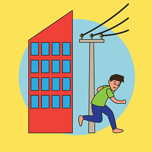 Ilustracija čovjeka koji zabrinutog izraza lica trči iz velike crvene zgrade. Iznad njega su žice struje na dalekovodu.