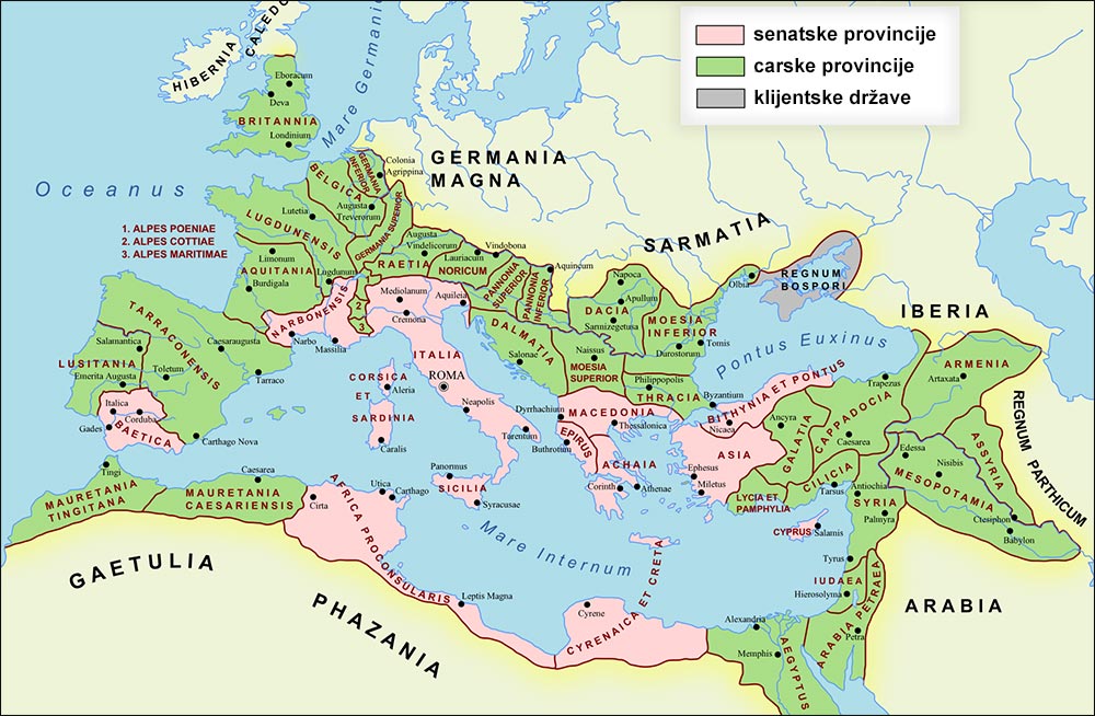 Karta rimskih provincija 117. g. (nazivi na lat. jeziku).