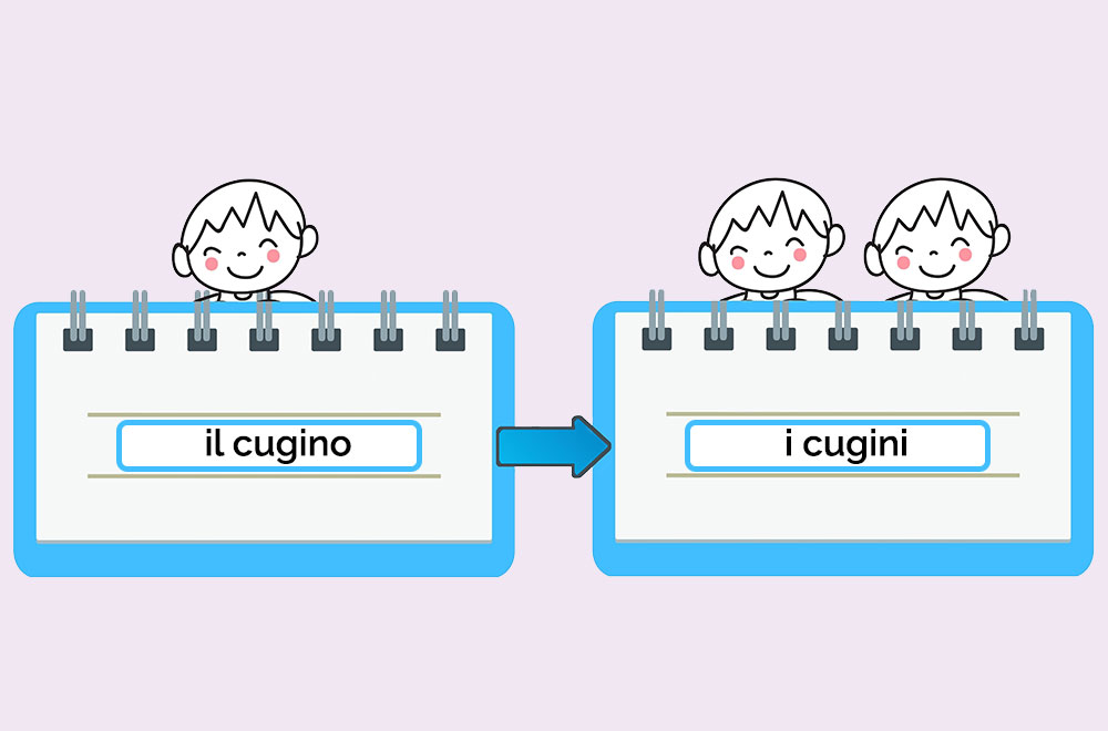 Na slici su prikazana dva papira iz blok-notesa sa svijetloplavim okvirom. Na lijevoj je strani glava dječaka, oznaka za jedninu, te na njemu piše il cugino, a na desnoj su strani dvije glave dječaka, oznaka za množinu, te natpis i cugini.