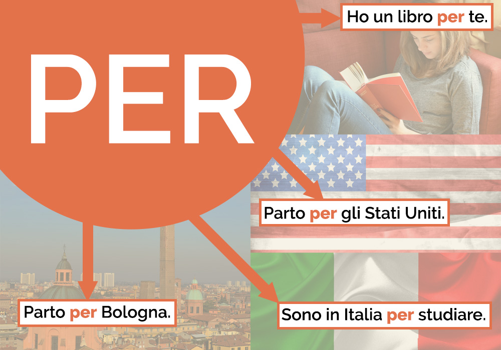 PER – Ho un libro per te., Parto per gli Stati Uniti., Sono in Italia per studiare., Parto per Bologna.