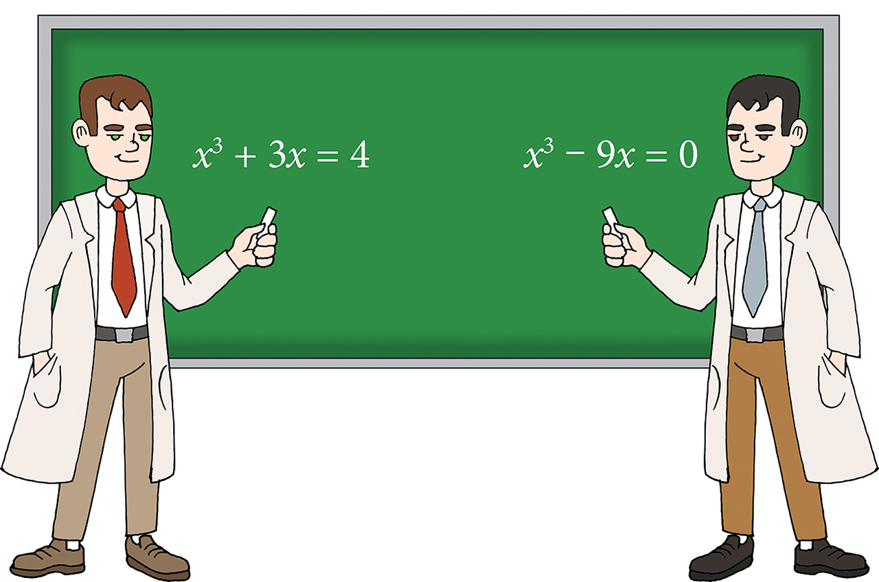 Dvojica matematičara rješavaju jednadžbe. Prvi rješava jednadžbu iks na treću plus tri iks jednako je četiri. Drugi rješava jednadžbu iks na treću minus devet iks jednako je nula.