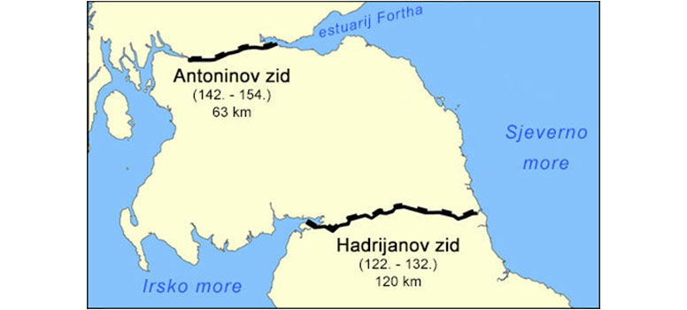Povijesna karta na kojoj su prikazani Hadrijanov i Antoninov zid u Britaniji.
