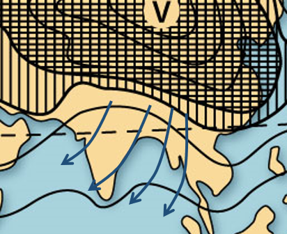 Ilustracija karte Azije i puhanja zimskih monsuna