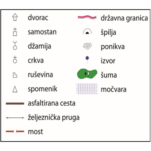 Topografski znakovi koji prikazuju dvorac(kvadrat na kome je trokut), samostan (kvadrat na kome je križ), džamija-Krug na kome je polumjesec,