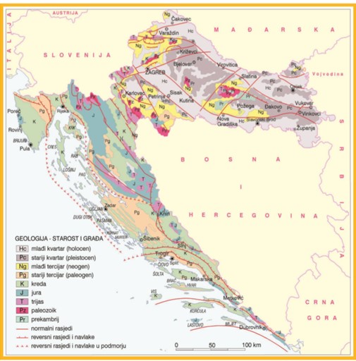 karta Hrvatske s legendom Geologija.starost i građa. Karta prikazuje reljef Hrvatske prema starosti.