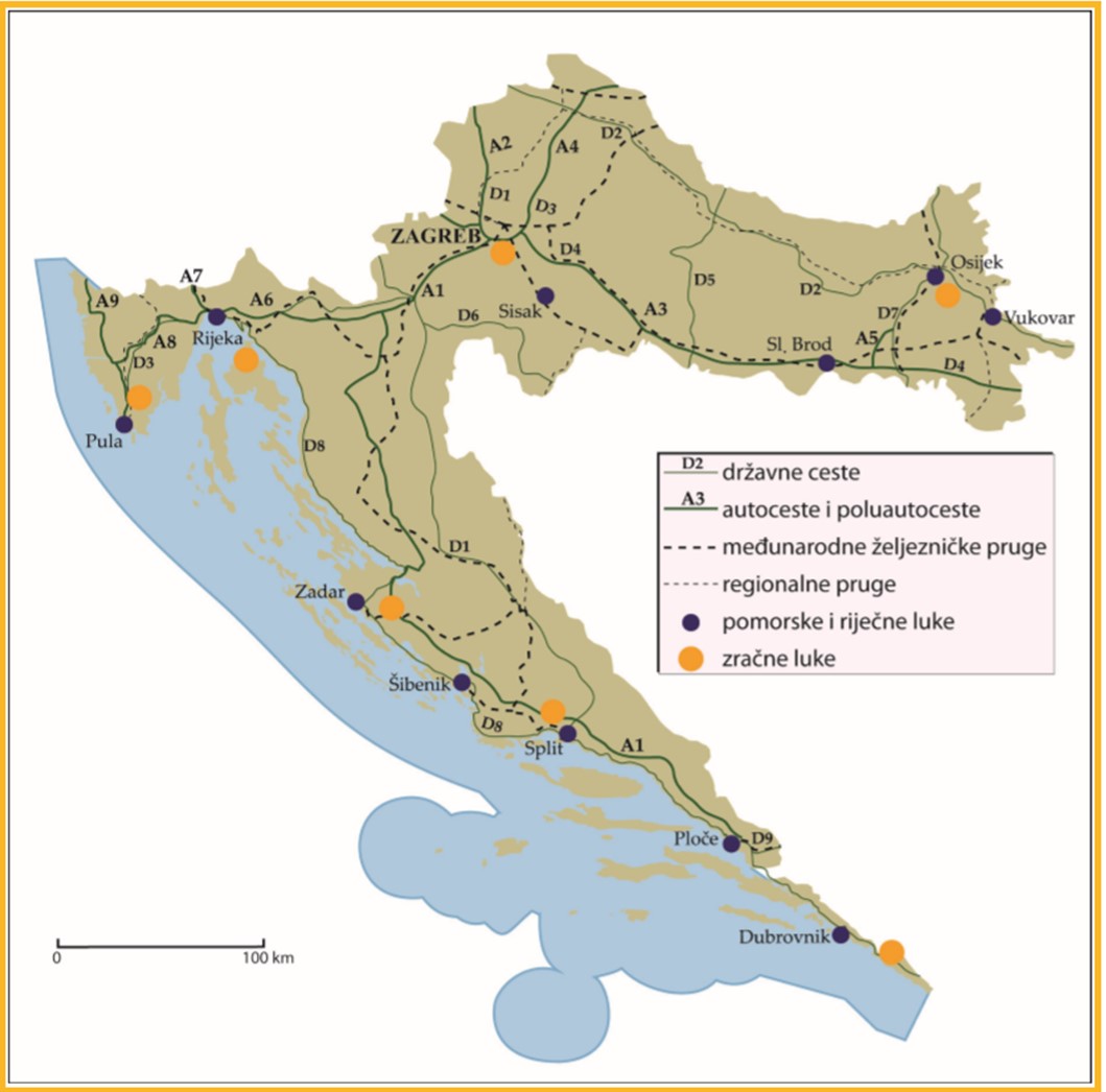 Karta Hrvatske sa ucrtanim važnijim prometnicama i legendom uz kartu
