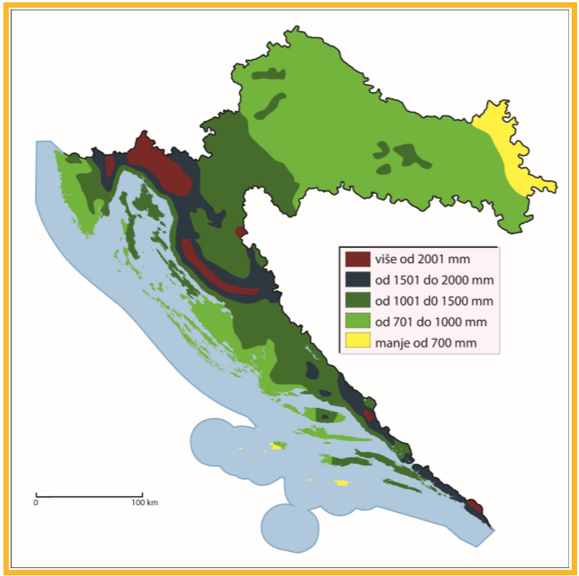 Karta Hrvatske koja u različitim bojama prikazuje raspored padalina u Hrvatskoj, Uz kartu je i legenda.