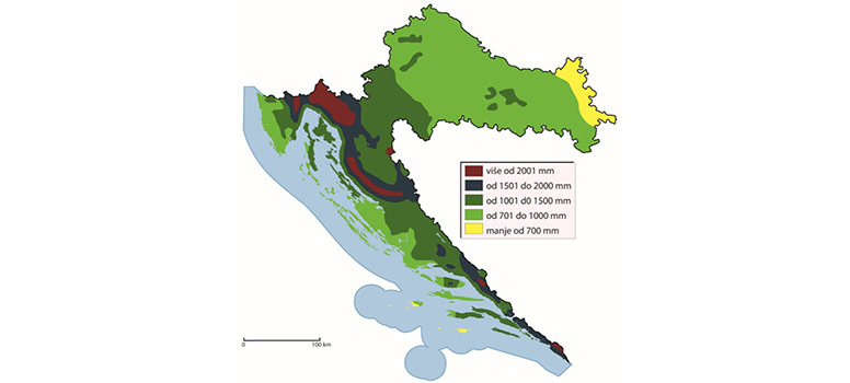 Slika prikazuje kartu Hrvatske, na kojoj su regije s najvećom količinom padalina označene tamno crvenom bojom, regije s umjerenom količinom s dvije nijanse zelene boje, dok su najsuša područja obilježena žutom bojom