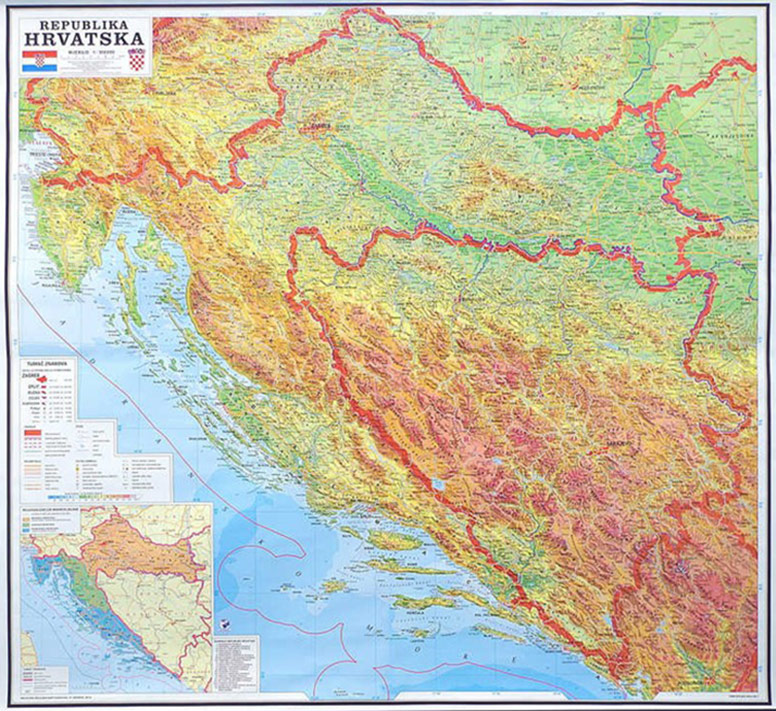 Zidna karta Republike Hrvatske. Na karti su najuočljivije crvene granice.