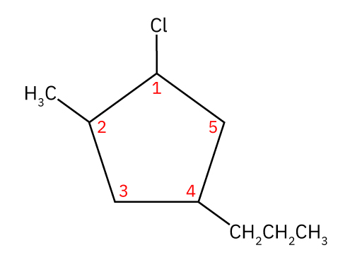 Fotografija prikazuje strukturnu formulu molekule 1-klor-2-metil-4-propilciklopentana.