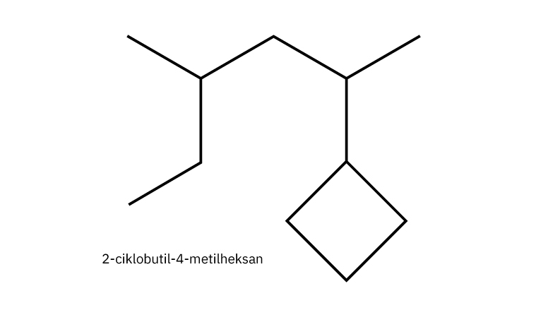Fotografija prikazuje strukturnu formulu molekule 2-ciklobutil-4-metilheksana.