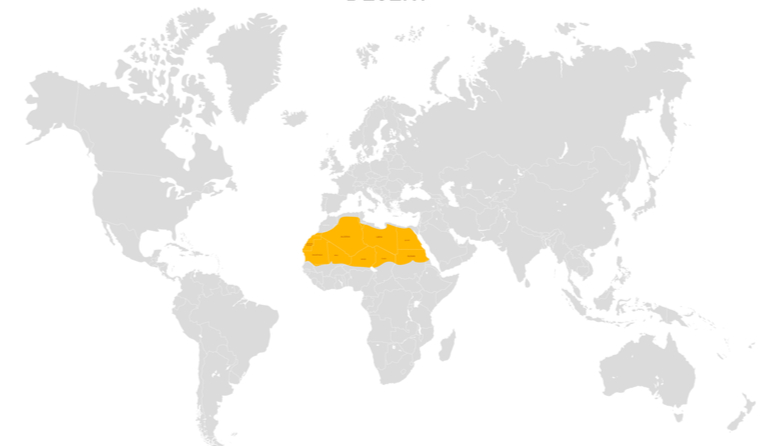 Karta svijeta na kojoj je žutom bojom obojano područje sjeverne Afrike.