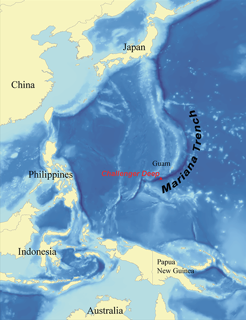 Dio karte svijeta na kojoj je označen Mariana trench