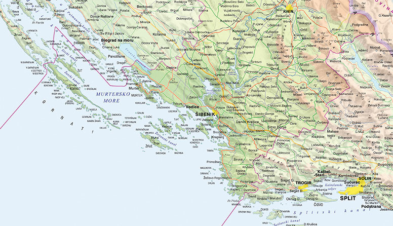 Dio karte Hrvatske od Biograda na moru do Splita na kojoj se jasno vidi razvedenost hrvatske obale.