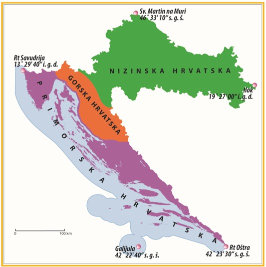 Karta Hrvatske koja u različitim bojama prikazuje nizinsku, gorsku i primorsku Hrvatsku.