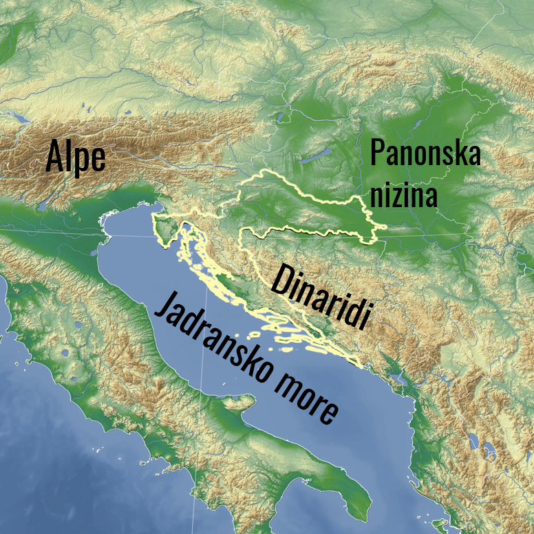 Karta prirodnih cjelina. Ucrtane su Alpe, Panonska nizina,Dinaridi i Jadransko more