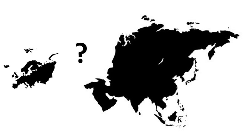 Obrisi Europe i Azije odvojeni simbolom upitnika.