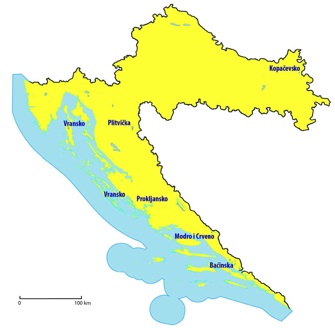 Karta Hrvatske s označenim jezerima