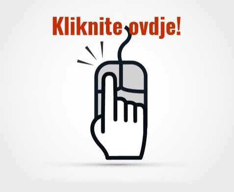 Fotografija prikazuje grafika na kojoj piše :" Kliknite ovdje!" , a ispod natpisa je ruka koja drži kompjuterski miš.