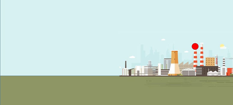 Fotografija je dvodimenzionalni grafički prikaz panorame industrijskih pogona. Vidi se plavo nebo i zeleno tlo. na tlu je u srednjem desnom dijelu postavljen niz industrijskih zgrada, dimnjaka.Prevladavaju siva, bijela, žuta i crvena boja na zgradama. Mjerni instrument za mjerenje ispušnih plinova se nalazi iznad jednog od dimnjaka. Prikazan je kao crveni krug.
