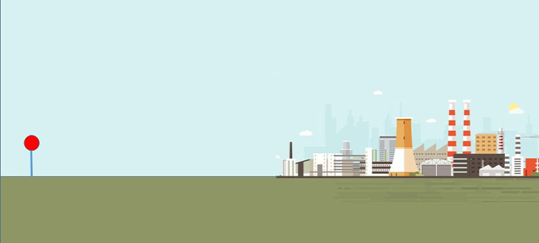Fotografija je dvodimenzionalni grafički prikaz panorame industrijskih pogona. Vidi se plavo nebo i zeleno tlo. na tlu je u srednjemdesnom dijelu postavljen niz industrijskih zgrada, dimnjaka.Prevladavaju siva, bijela, žuta i crvena boja na zgradama. U srednjem lijevom dijelu je prikazan mjerni instrument za mjerenje ispušnih plinova. Prikazan je kao crveni krug postavljen na plavi štapić.