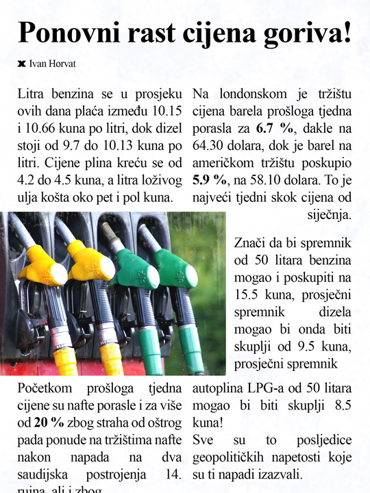 Novinski članak o ponovnom rastu cijena goriva.