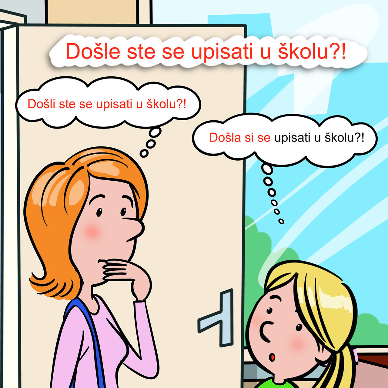 U stripu razgovaraju učenica, njezina majka i školski službenik koji griješi u sročnosti zamjenice Vi.
