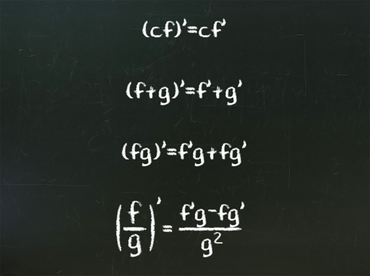 Prikaz pravila za derivaciju zbroja, umnoška i kvocijenta.
(cf)'=cf'
(f+g)'=f'+g'
(fg)'=f'g+fg'
(f/g)'=f'g-fg'/g na drugu