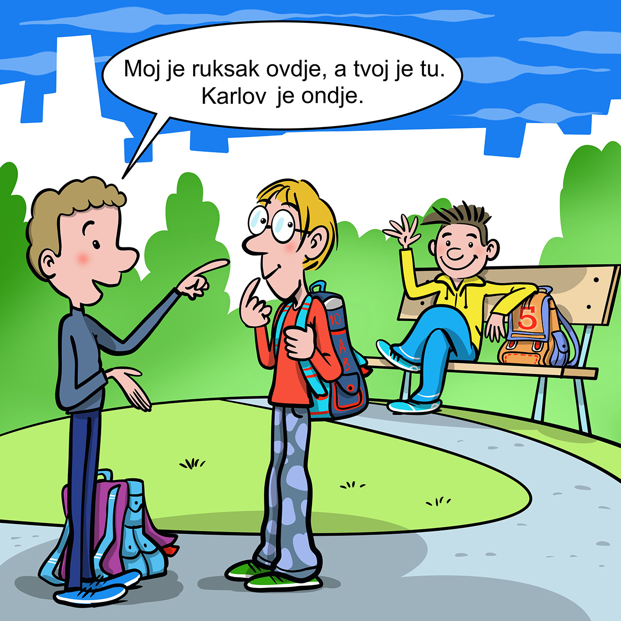 Dvojica dječaka razgovaraju, a iza njih jedan sjedi na klupi. Sva trojica imaju ruksake.