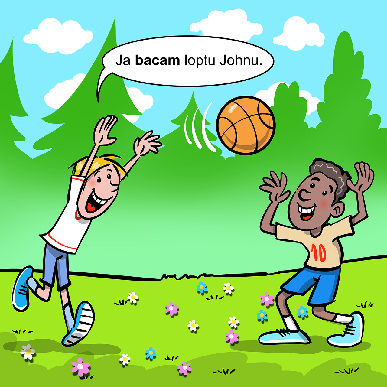 Dvojica dječaka se igraju loptom u prirodi.