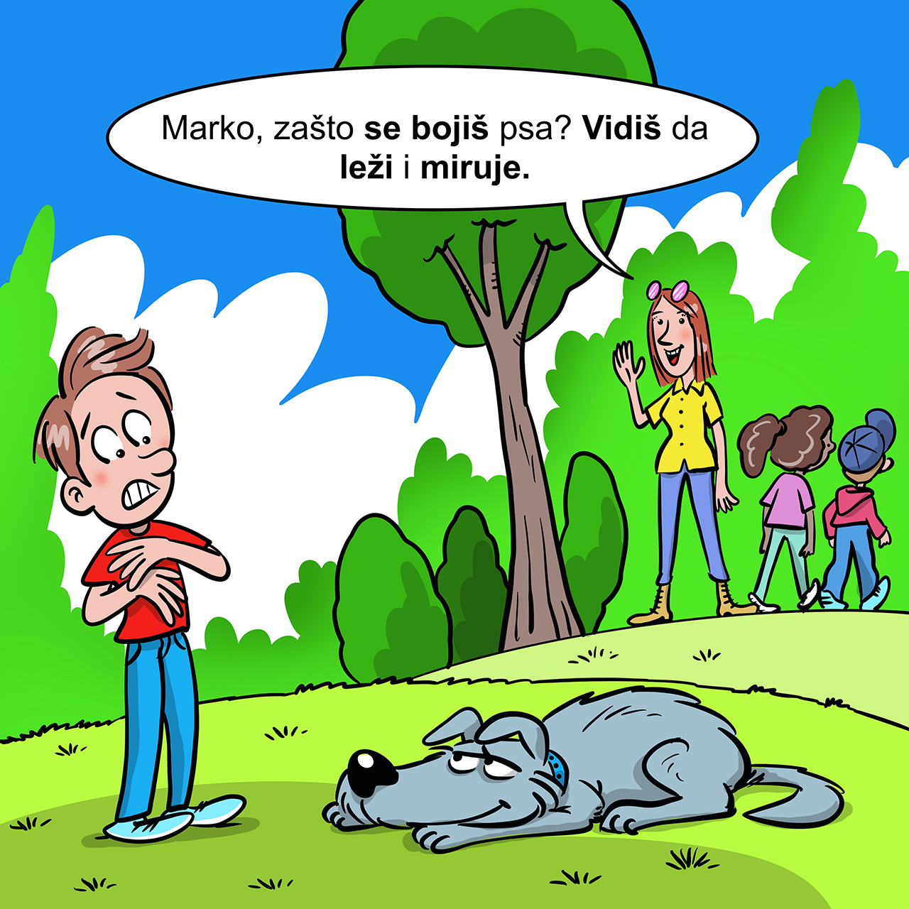 Mama pita dječaka zašto se boji psa koji mirno leži ispred njega.