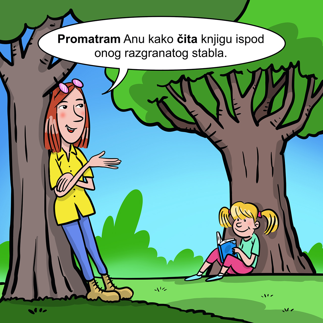 Žena promatra djevojčicu Anu kako sjedi u podnožju stabla i čita knjigu.