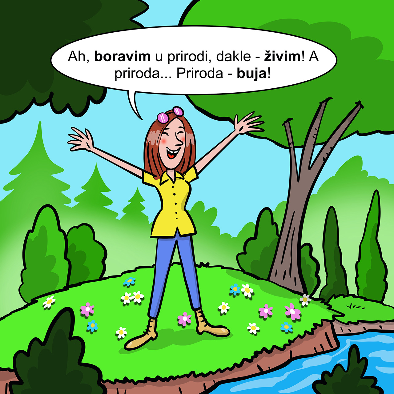 Žena je oduševljena prirodom oko sebe.