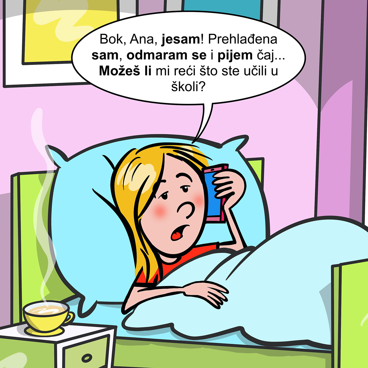 Nina joj govori da je prehlađena i da leži u krevetu te pita Anu što su učili u školi.