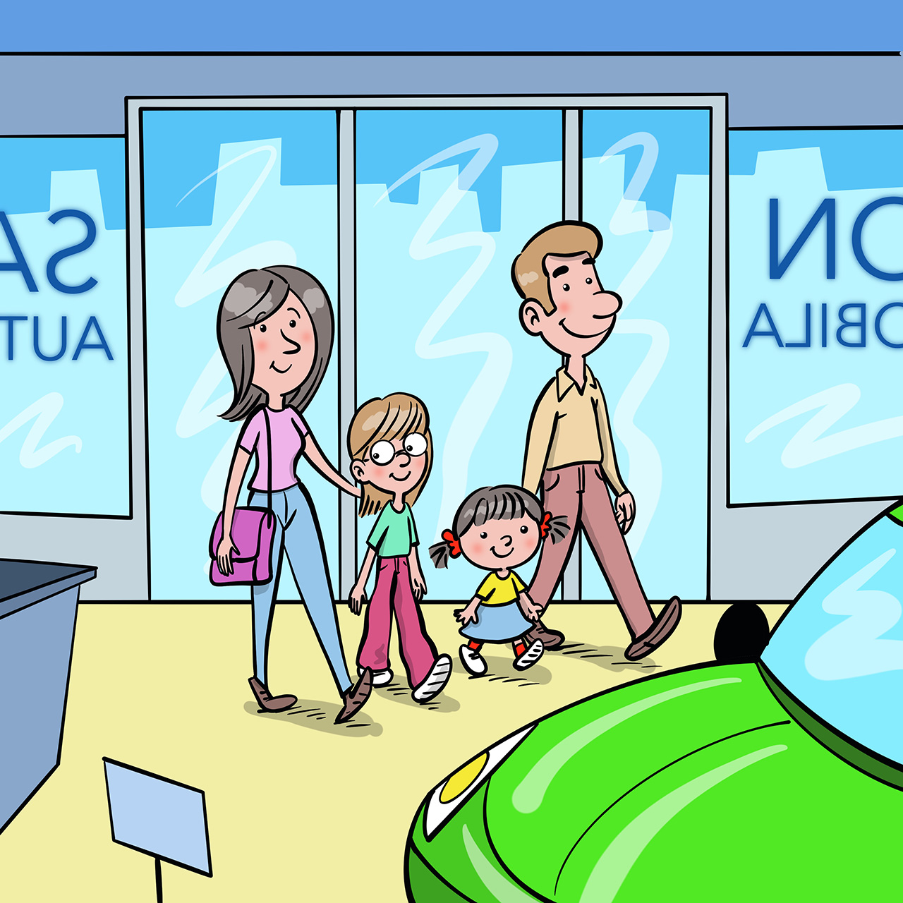 Otac, majka i dvije djevojčice ulaze u salon automobila.