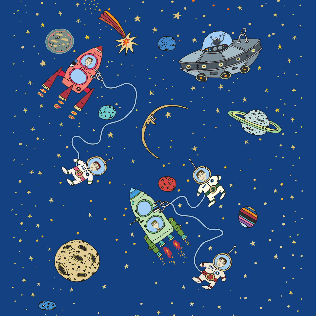 Nekoliko dječaka kao astronauti u raketi ili izvan iste okruženi planetima i vanzemaljskom letjelicom.